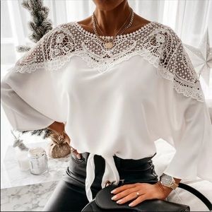 Long sleeves white blouse, lace accent